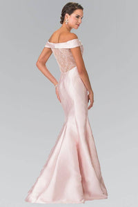 Elizabeth K GL2213 Off the Shoulder Lace Sheer Back Dress in Blush - SohoGirl.com