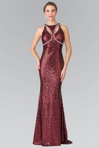 Elizabeth K GL2217 Open Back Sequin Embellished Dress in Burgundy - SohoGirl.com