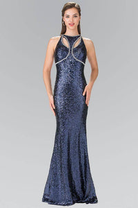 Elizabeth K GL2217 Open Back Sequin Embellished Dress in Navy - SohoGirl.com