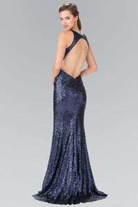 Elizabeth K GL2217 Open Back Sequin Embellished Dress in Navy - SohoGirl.com