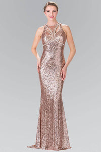 Elizabeth K GL2217 Open Back Sequin Embellished Dress in Rose Gold - SohoGirl.com