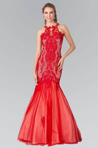 Elizabeth K GL2219 Embroidered Halter Neck Long Mermaid Dress Sheer Lace in Red - SohoGirl.com