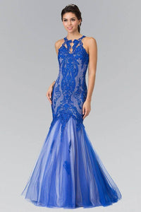 Elizabeth K GL2219 Embroidered Halter Neck Long Mermaid Dress Sheer Lace in Blue - SohoGirl.com