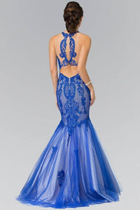 Elizabeth K GL2219 Embroidered Halter Neck Long Mermaid Dress Sheer Lace in Blue - SohoGirl.com
