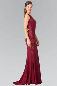 Elizabeth K GL2222 Open Back Side Embroidered Jersey Dress in Burgundy - SohoGirl.com