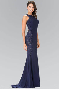 Elizabeth K GL2222 Open Back Side Embroidered Jersey Dress in Navy - SohoGirl.com