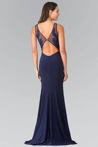 Elizabeth K GL2222 Open Back Side Embroidered Jersey Dress in Navy - SohoGirl.com