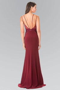 Elizabeth K GL2223 Embroidered Long Dress with Side Slit in Burgundy - SohoGirl.com