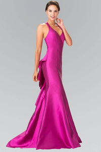 Elizabeth K GL2224 V-Neck Long Dress with Ruffles in Magenta - SohoGirl.com
