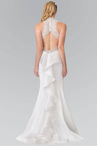 Elizabeth K GL2227 High Neck Embroidered Bodice Dress with Ruffle in Back in Ivory - SohoGirl.com