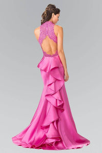 Elizabeth K GL2227 High Neck Embroidered Bodice Dress with Ruffle in Back in Magenta - SohoGirl.com