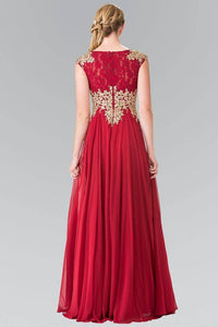 Elizabeth K GL2228 Lace Embroidered Top and Chiffon Long Sheer Dress in Burgundy - SohoGirl.com