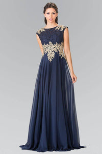 Elizabeth K GL2228 Lace Embroidered Top and Chiffon Long Sheer Dress in Navy - SohoGirl.com
