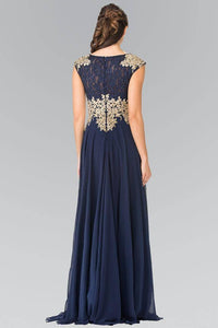 Elizabeth K GL2228 Lace Embroidered Top and Chiffon Long Sheer Dress in Navy - SohoGirl.com