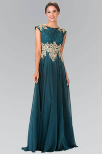 Elizabeth K GL2228 Lace Embroidered Top and Chiffon Long Sheer Dress in Teal - SohoGirl.com