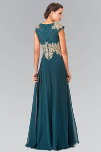 Elizabeth K GL2228 Lace Embroidered Top and Chiffon Long Sheer Dress in Teal - SohoGirl.com