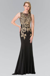 Elizabeth K GL2230 Long Jersey Dress With Sheer Embroidered Bodice in Black - SohoGirl.com