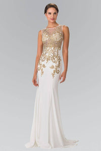 Elizabeth K GL2230 Long Jersey Dress With Sheer Embroidered Bodice in Ivory - SohoGirl.com