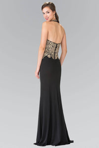 Elizabeth K GL2231 Long Embroidered Halter Neck Jersey Dress With Low Back in Black - SohoGirl.com