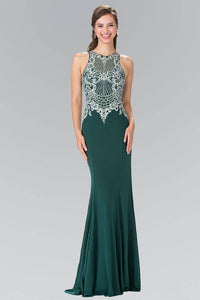Elizabeth K GL2232 Vertical Embroidered Illusion Sweetheart Jersey Dress in Green - SohoGirl.com