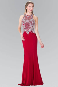 Elizabeth K GL2232 Vertical Embroidered Illusion Sweetheart Jersey Dress in Red - SohoGirl.com