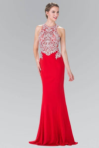 Elizabeth K GL2236 High Neck Silver Embroidered Bodice Long Dress in Red - SohoGirl.com