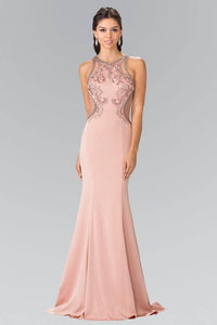 Elizabeth K GL2237 Bead Embellished Marquee Sheer Cut Out Long Gown in Blush - SohoGirl.com