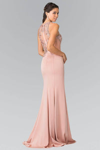 Elizabeth K GL2237 Bead Embellished Marquee Sheer Cut Out Long Gown in Blush - SohoGirl.com