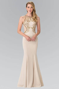 Elizabeth K GL2237 Bead Embellished Marquee Sheer Cut Out Long Gown in Champagne - SohoGirl.com