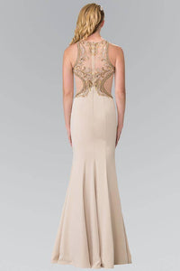 Elizabeth K GL2237 Bead Embellished Marquee Sheer Cut Out Long Gown in Champagne - SohoGirl.com