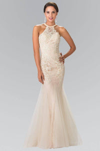 Elizabeth K GL2243 Embroidery Beaded Lace and Tulle Long Dress in Champagne - SohoGirl.com