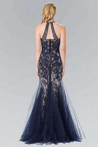 Elizabeth K GL2243 Embroidery Beaded Lace and Tulle Long Dress in Navy - SohoGirl.com
