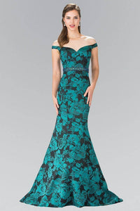 Elizabeth K GL2245 Off Shoulder Floral Print Belted Sheer Back Dress in Green - SohoGirl.com