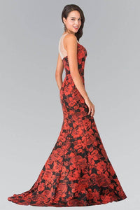 Elizabeth K GL2246 Off Shoulder Floral Print Belted Sheer Back Dress in Red - SohoGirl.com