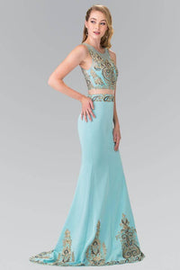 Elizabeth K GL2248 Royal Embroidery Mock Two Piece Long Dress in Blue - SohoGirl.com