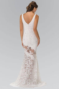 Elizabeth K GL2249 Asymmetrical Lace Illusion V Neck Long Gown in Ivory - SohoGirl.com