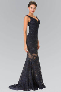 Elizabeth K GL2249 Asymmetrical Lace Illusion V Neck Long Gown in Navy - SohoGirl.com