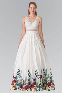 Elizabeth K GL2251 Embroidered Mock Two Piece Floral Print A Line Dress in White - SohoGirl.com