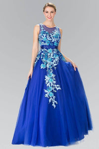Elizabeth K GL2252 Embroidered Sheer Tulle Ball Gown with Open Back in Royal Blue - SohoGirl.com