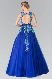 Elizabeth K GL2252 Embroidered Sheer Tulle Ball Gown with Open Back in Royal Blue - SohoGirl.com