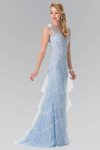 Elizabeth K GL2258 Mesh Tiered Lace Long Dress with Open Back in Blue - SohoGirl.com