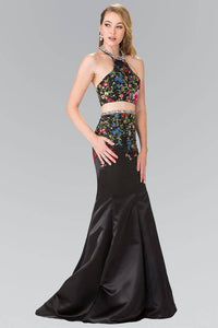 Elizabeth K GL2260 Multicolor Embroidered Two Piece Halter Satin Dress in Black - SohoGirl.com