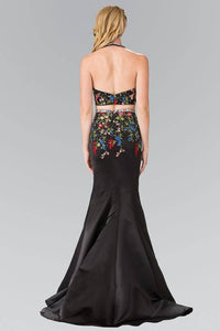Elizabeth K GL2260 Multicolor Embroidered Two Piece Halter Satin Dress in Black - SohoGirl.com