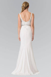 Elizabeth K GL2261 Beaded and Jewel Embellished V Neck Long Dress in White - SohoGirl.com