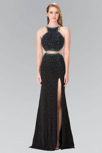 Elizabeth K GL2265 Gradient Beaded HIgh Neck Side Slit Dress in Black - SohoGirl.com
