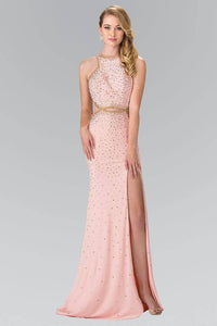Elizabeth K GL2265 Gradient Beaded HIgh Neck Side Slit Dress in Blush - SohoGirl.com