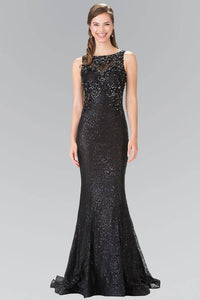 Elizabeth K GL2268 Lace Floral Sequin Embellished Sheer Back Dress in Black - SohoGirl.com