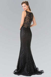 Elizabeth K GL2268 Lace Floral Sequin Embellished Sheer Back Dress in Black - SohoGirl.com