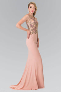 Elizabeth K GL2270 V Neck Embroidered Bodice Jersey Long Dress in Blush - SohoGirl.com