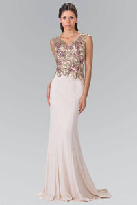 Elizabeth K GL2270 V Neck Embroidered Bodice Jersey Long Dress in Champagne - SohoGirl.com